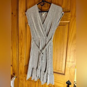 Caution to the Wind Taupe & White Stripe Cap Sleeve Tie Front Mini Dress